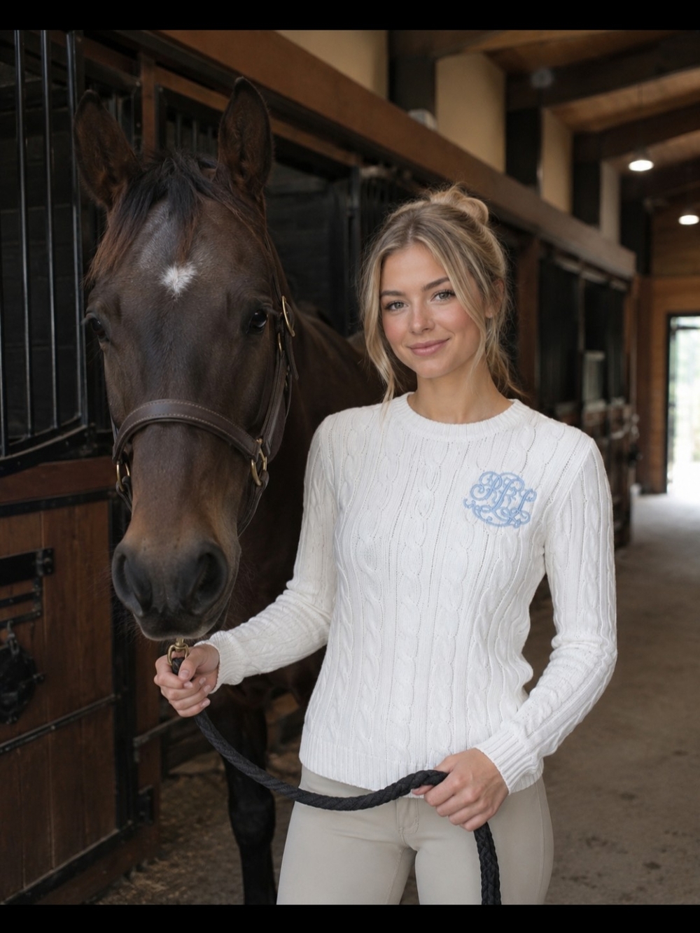 Lauren Ralph Lauren White Cable-Knit Sweater with Light Blue Lauren R L Monogram
